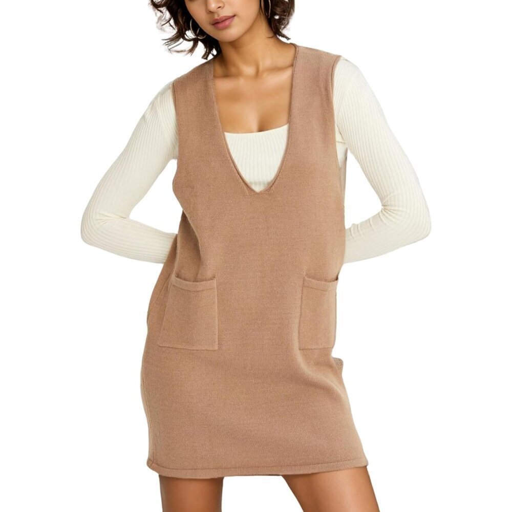 Women’s Sweater Vest Dress Knit V-Neck Sleeveless Pockets Casual Fall Winter